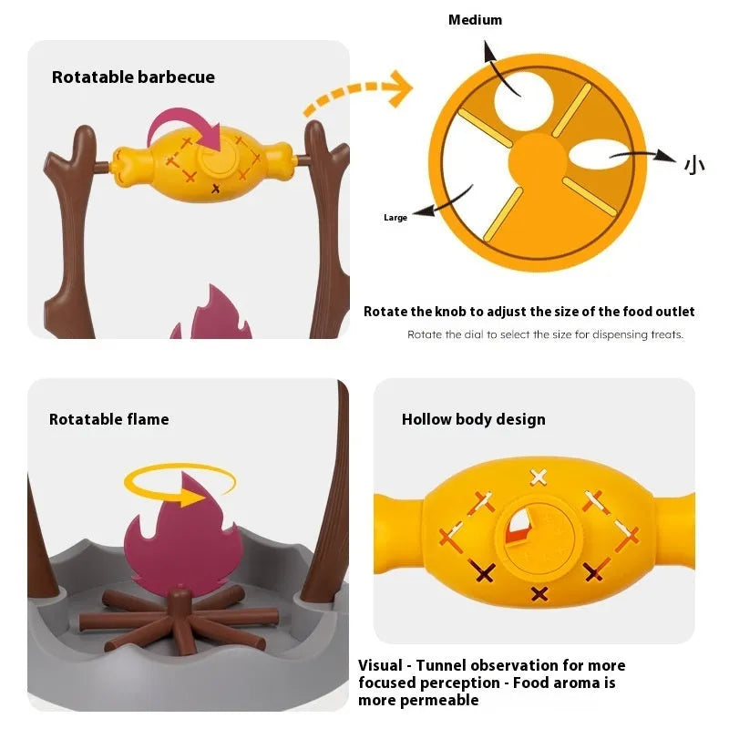 Barbecue-style tumbling cat feeder toy with food compartment, measuring 30x30x29cm.