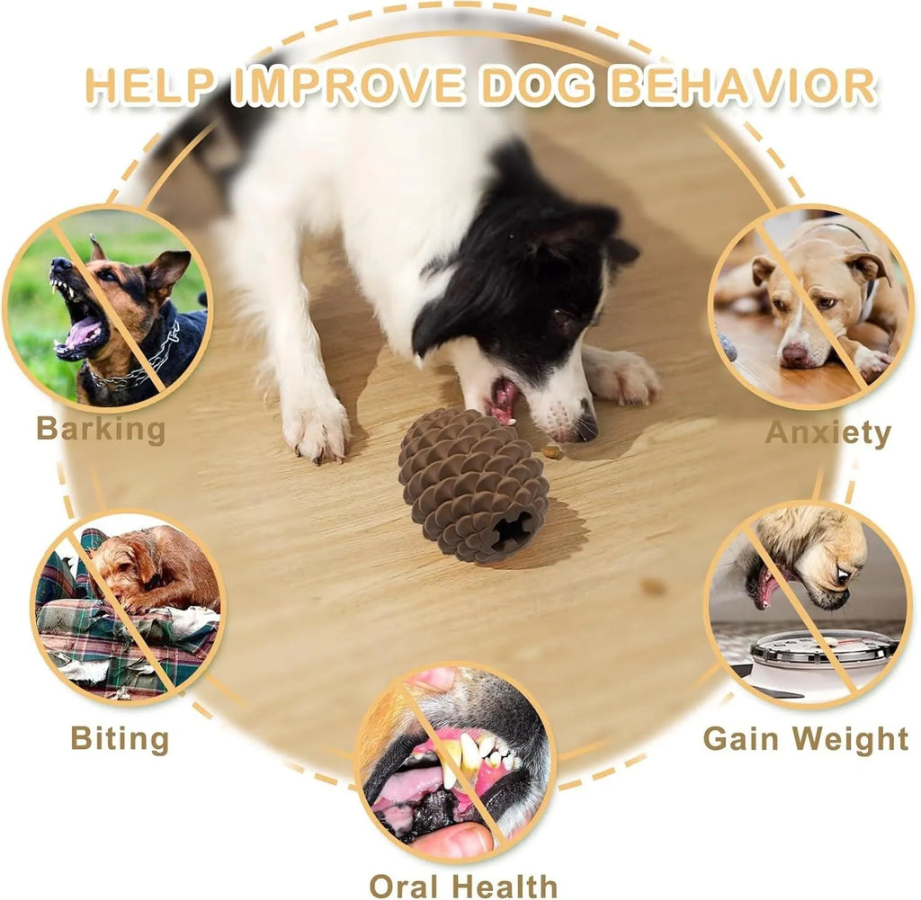 Yellow natural rubber pine cone-shaped dog toy with textured surface and treat dispenser hole.