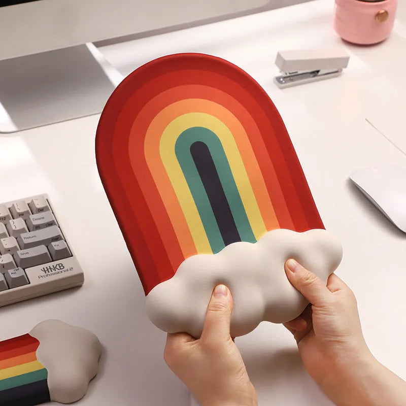Cloud Rainbow silicone wrist rest set showing mouse pad and keyboard support with cloud pattern