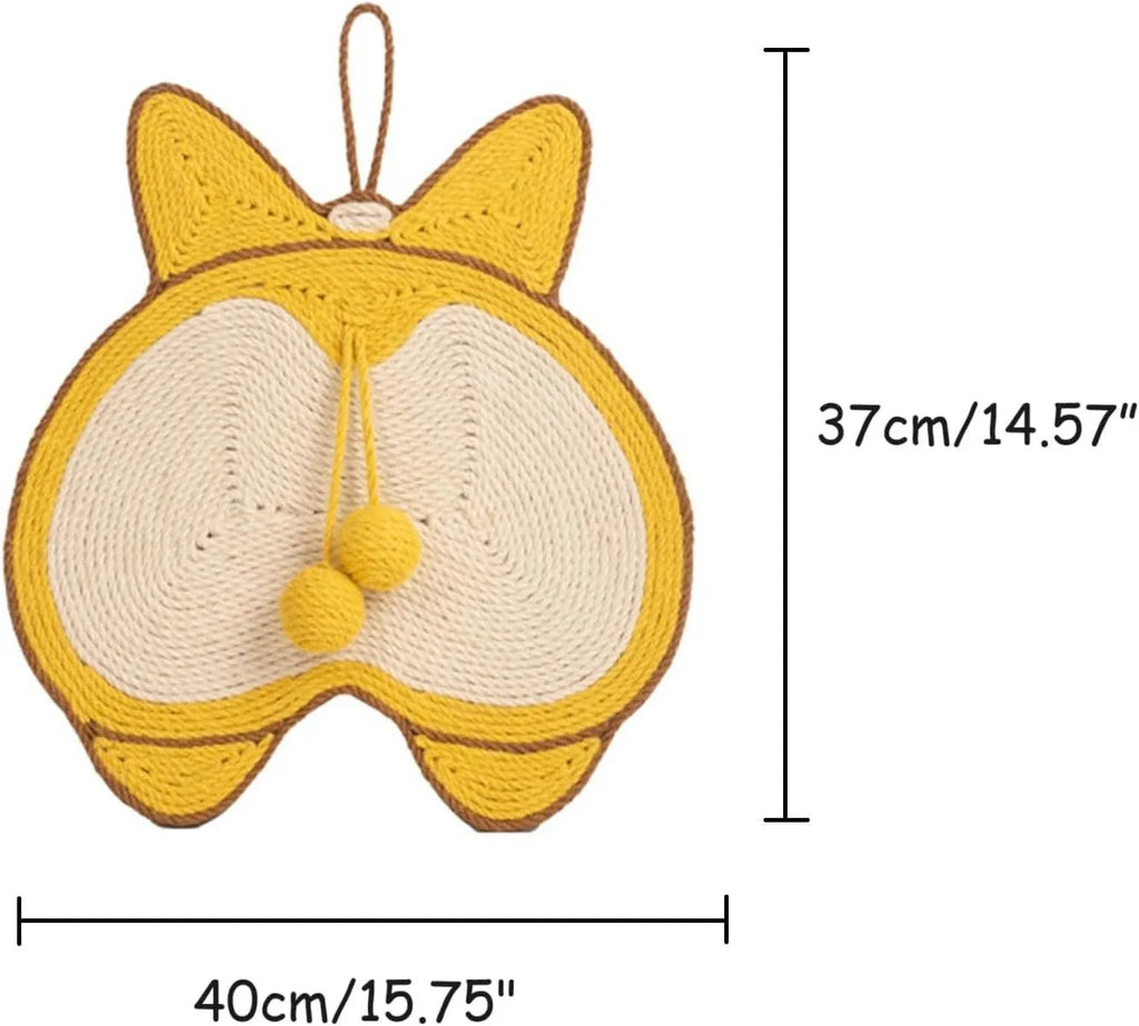 Yellow Corgi-design sisal cat scratching pad with anti-slip base and hanging hooks