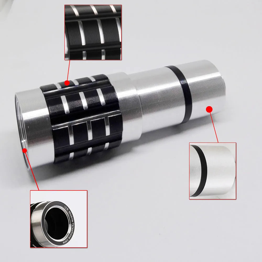 12x universal mobile phone telescope lens with metal collar clip for attachment