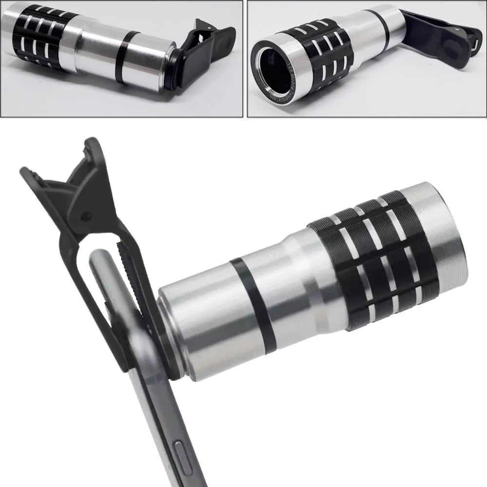 12x universal mobile phone telescope lens with metal collar clip for attachment