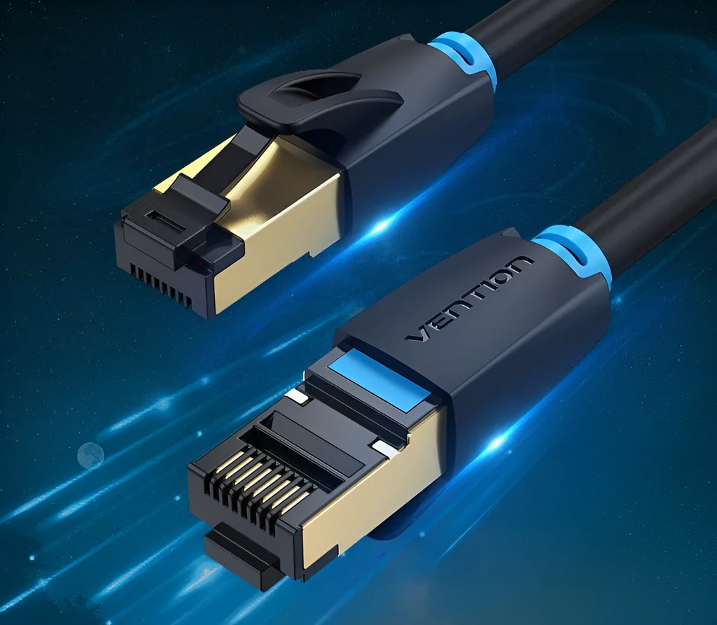 CAT8 shielded network cable with RJ45 connectors in flat and round styles for 10G high-speed home gaming