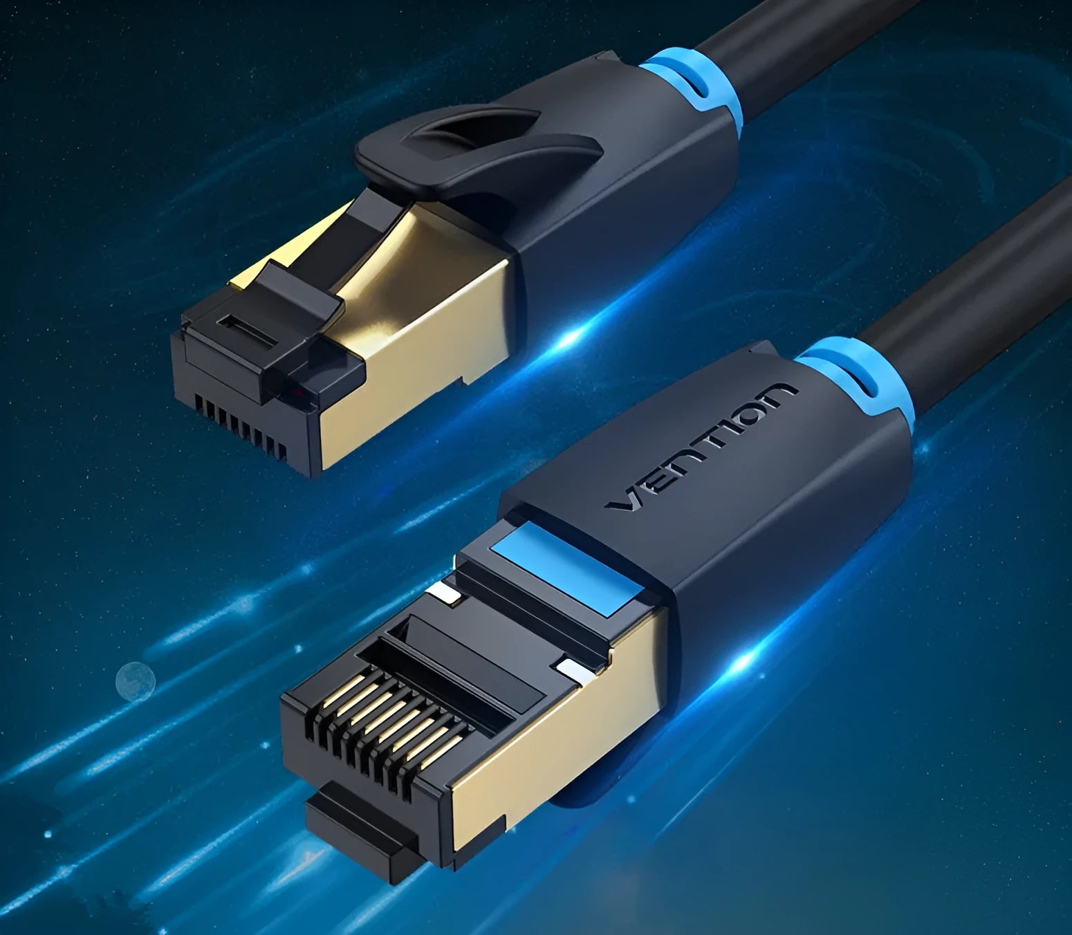 CAT8 shielded network cable with RJ45 connectors in flat and round styles for 10G high-speed home gaming
