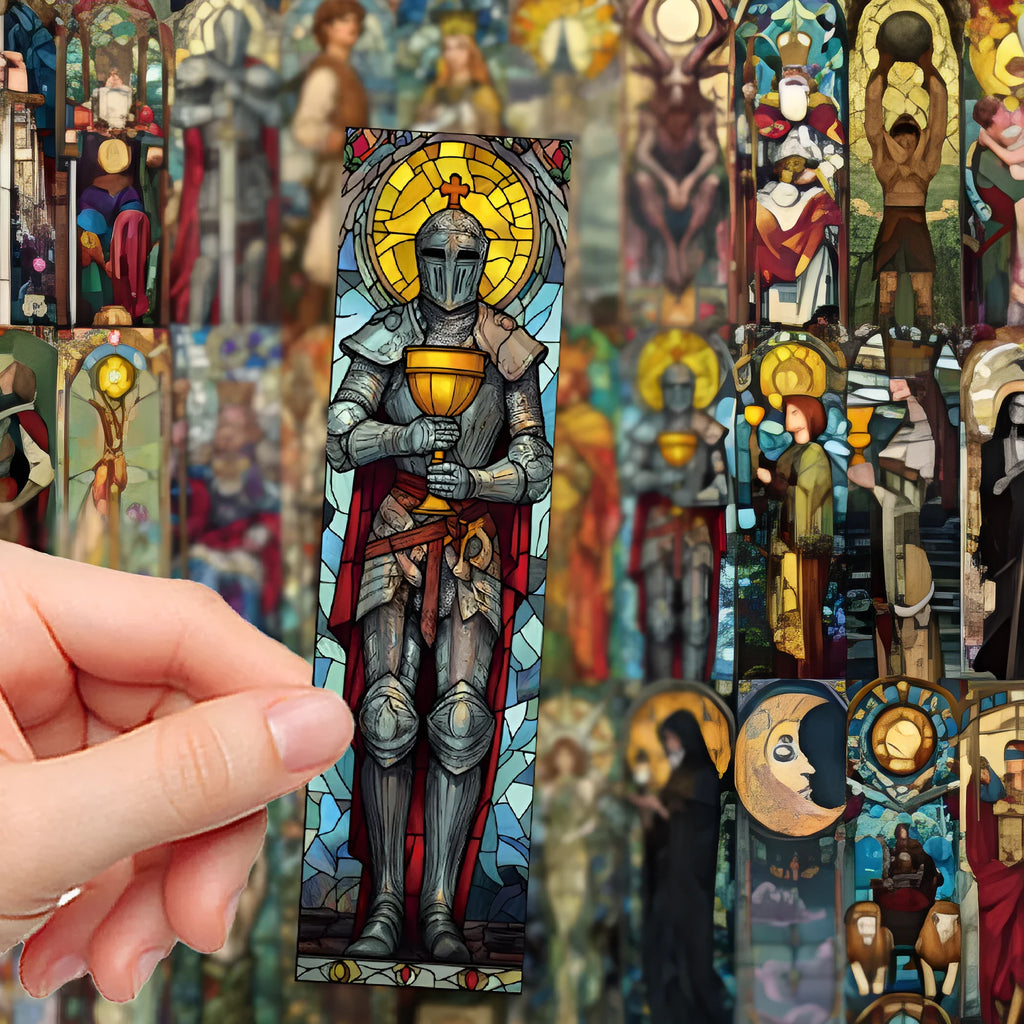 Set of 30 paper tarot bookmarks with painted glass designs in a cute homemade style.