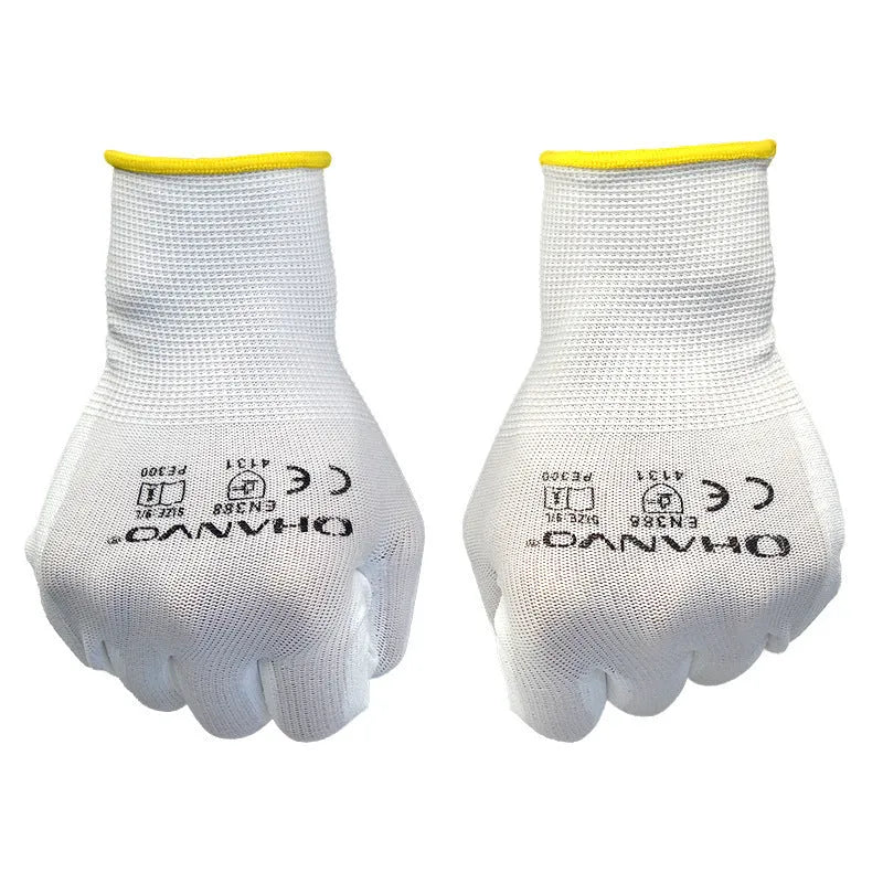White PU coated labour gloves showing textured palm, displayed in medium and large sizes.