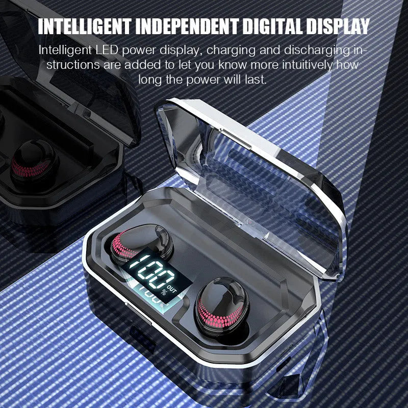 Black X10 wireless Bluetooth headset with charging case showing 150x100x40mm dimensions