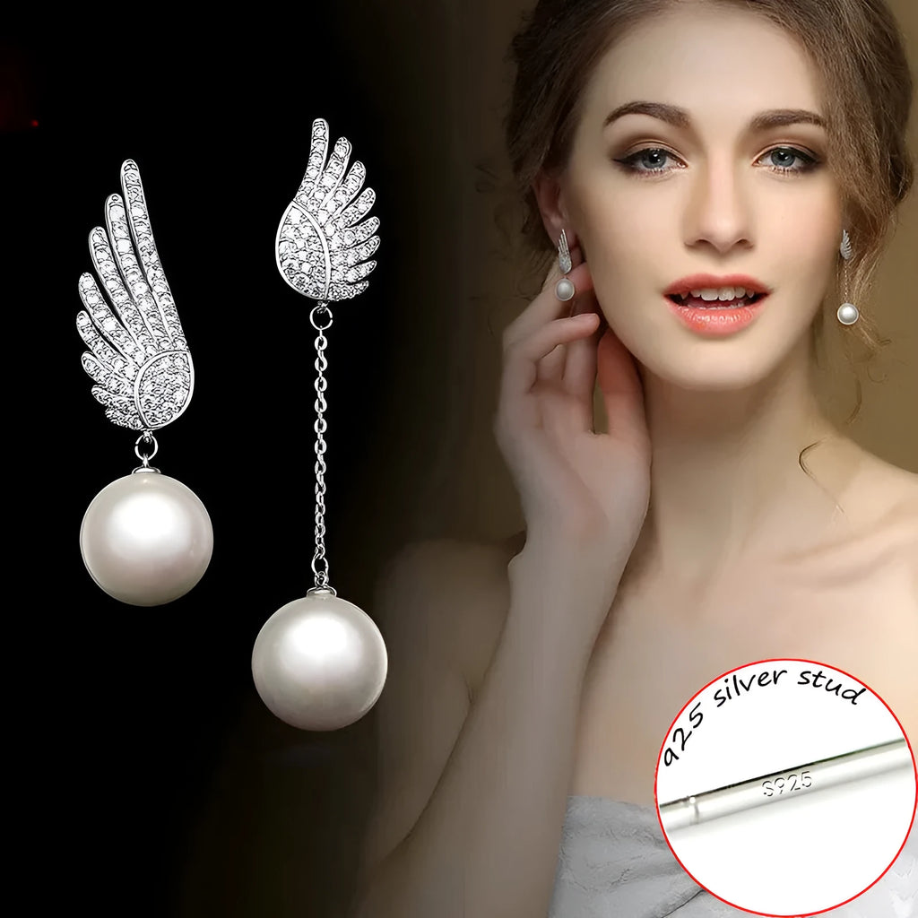 Silver angel wing earrings with gold-plated gemstone inlay and platinum colour finish