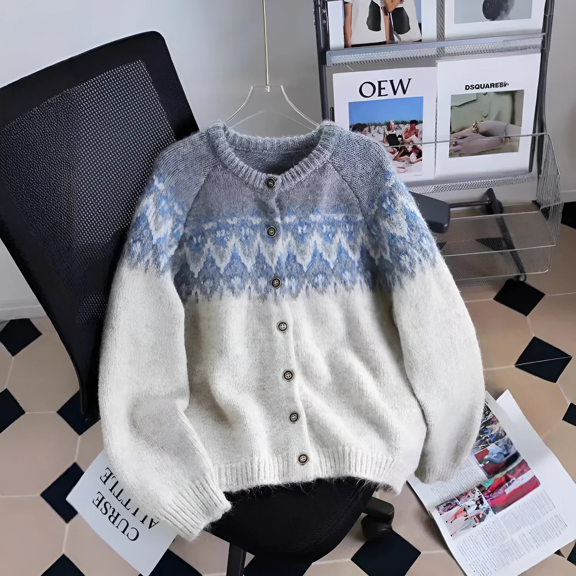 Women's loose fit jacquard sweater coat in milky white colour