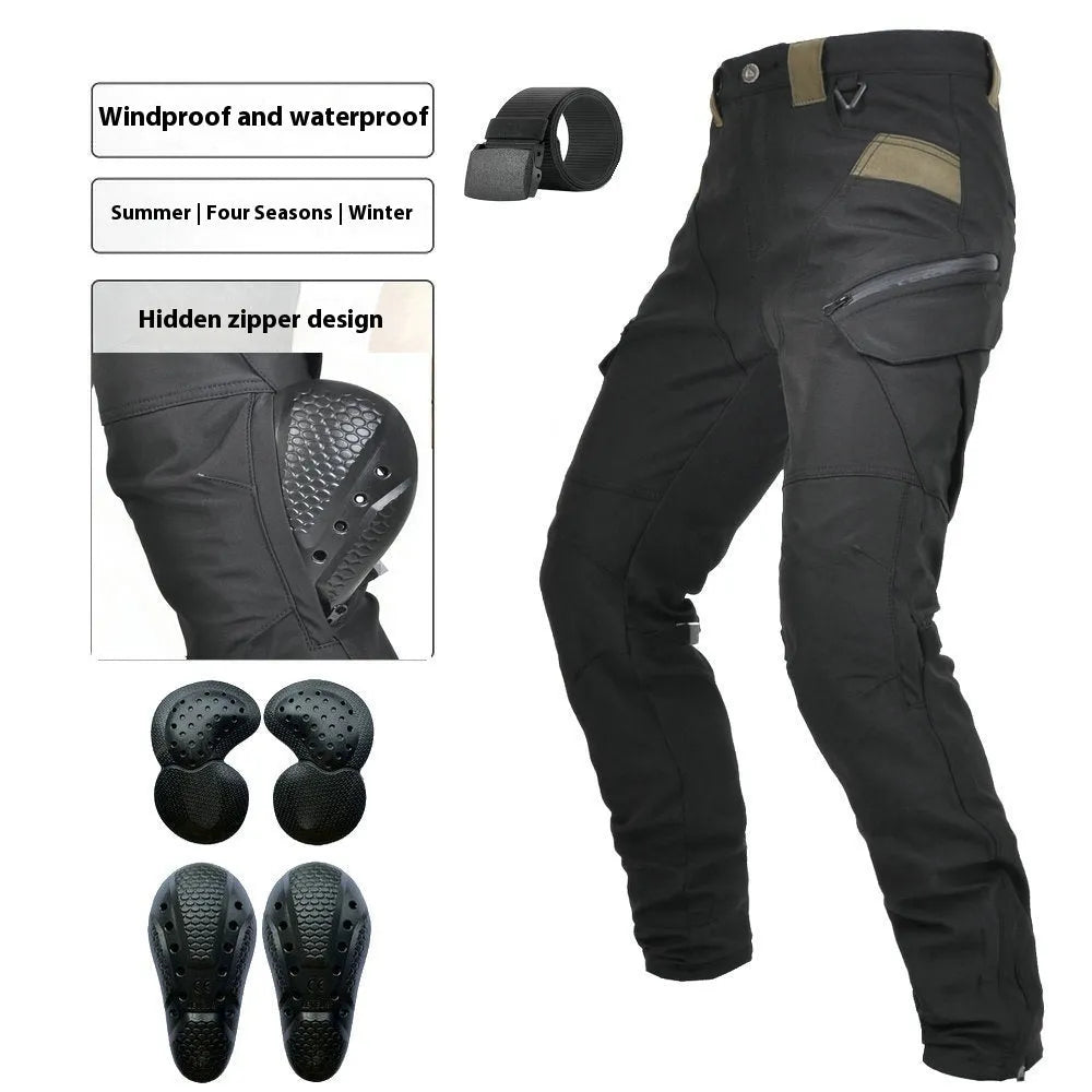 Men's solid green waterproof motorcycle cycling pants laid flat, showing belt and protective gear set.