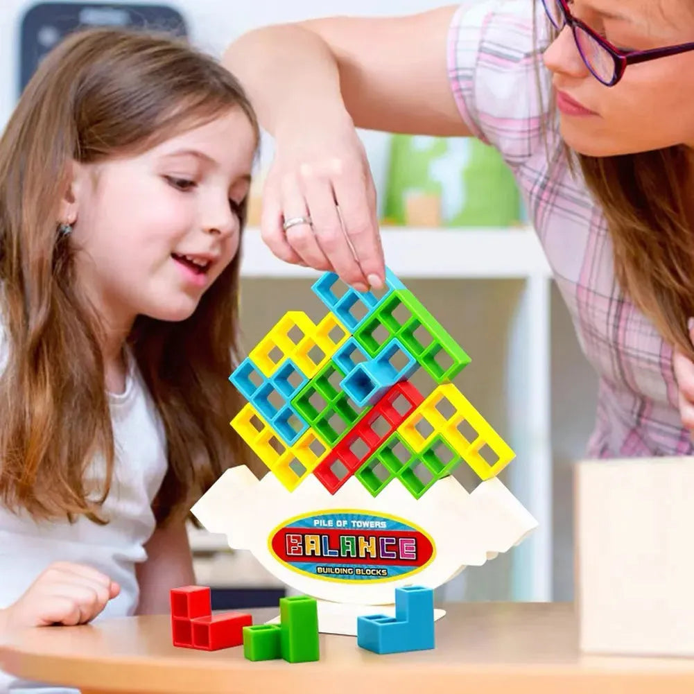 Plastic balance stacking board game with coloured blocks, chassis, and base for kids and adults.