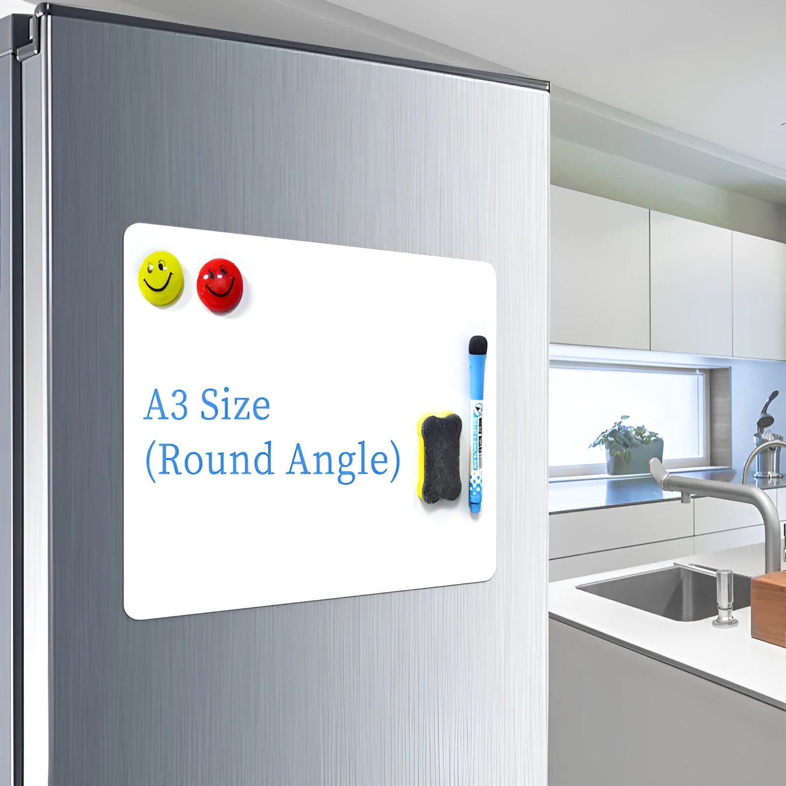 A3 size flexible magnetic whiteboard with rounded corners on a refrigerator door