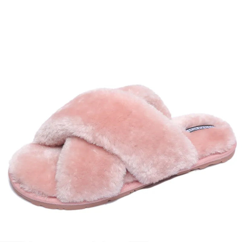 Women's cross-design open-toe fur slippers with non-slip rubber soles in six colour options