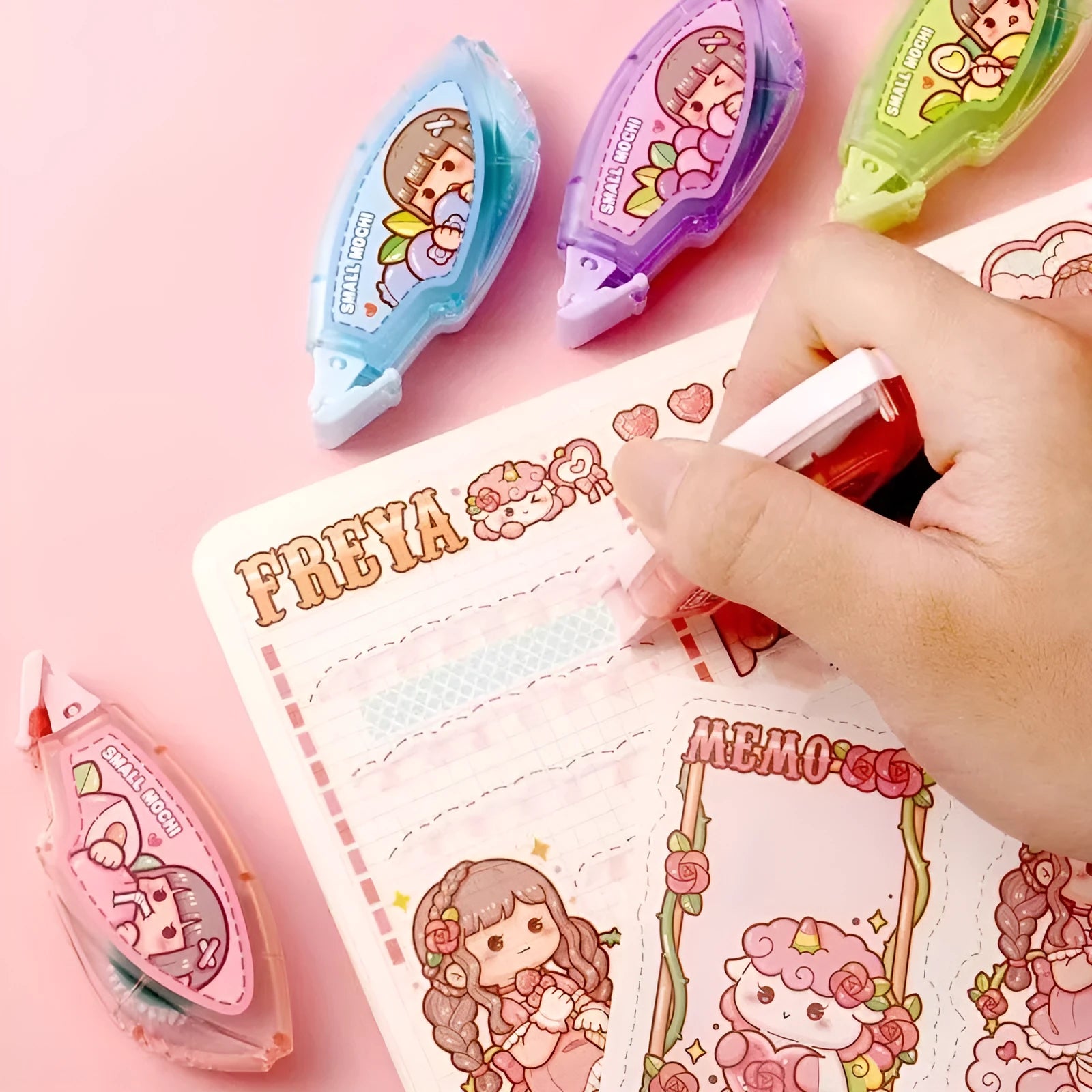 Dotting glue in fruit juice colours including peach, lemon, blueberry, butter, and grape on card packaging