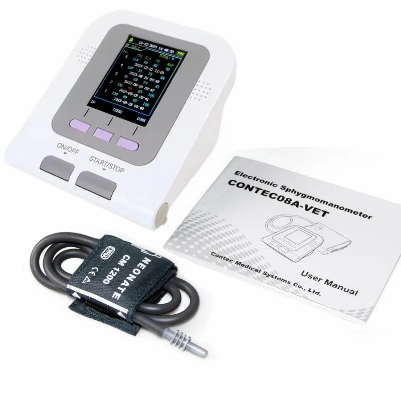 CONTEC08A veterinary digital blood pressure monitor with colour screen and three cuff sizes on a table