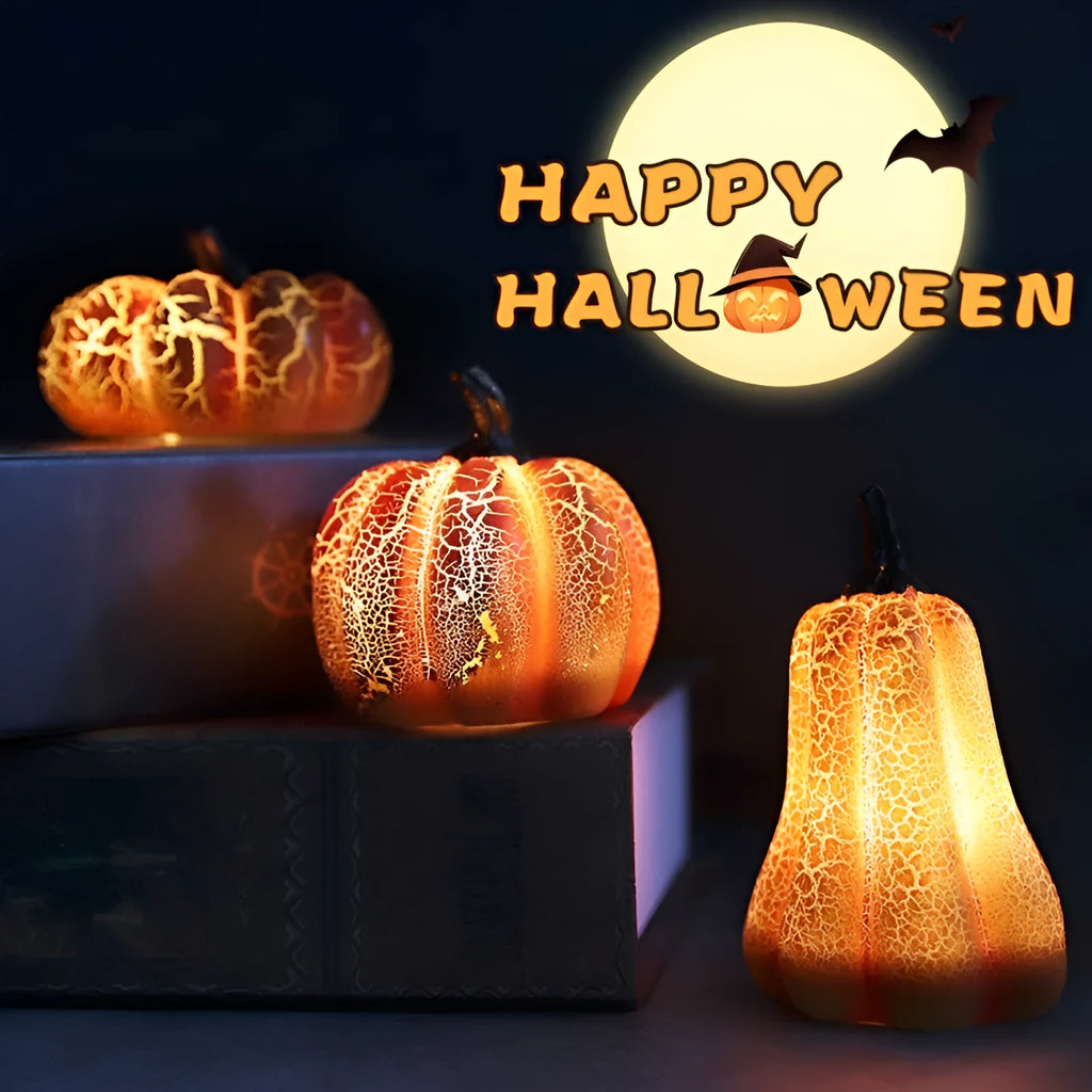 Three Halloween pumpkin lanterns in short, medium, and long sizes with LED illumination and realistic surface cracks