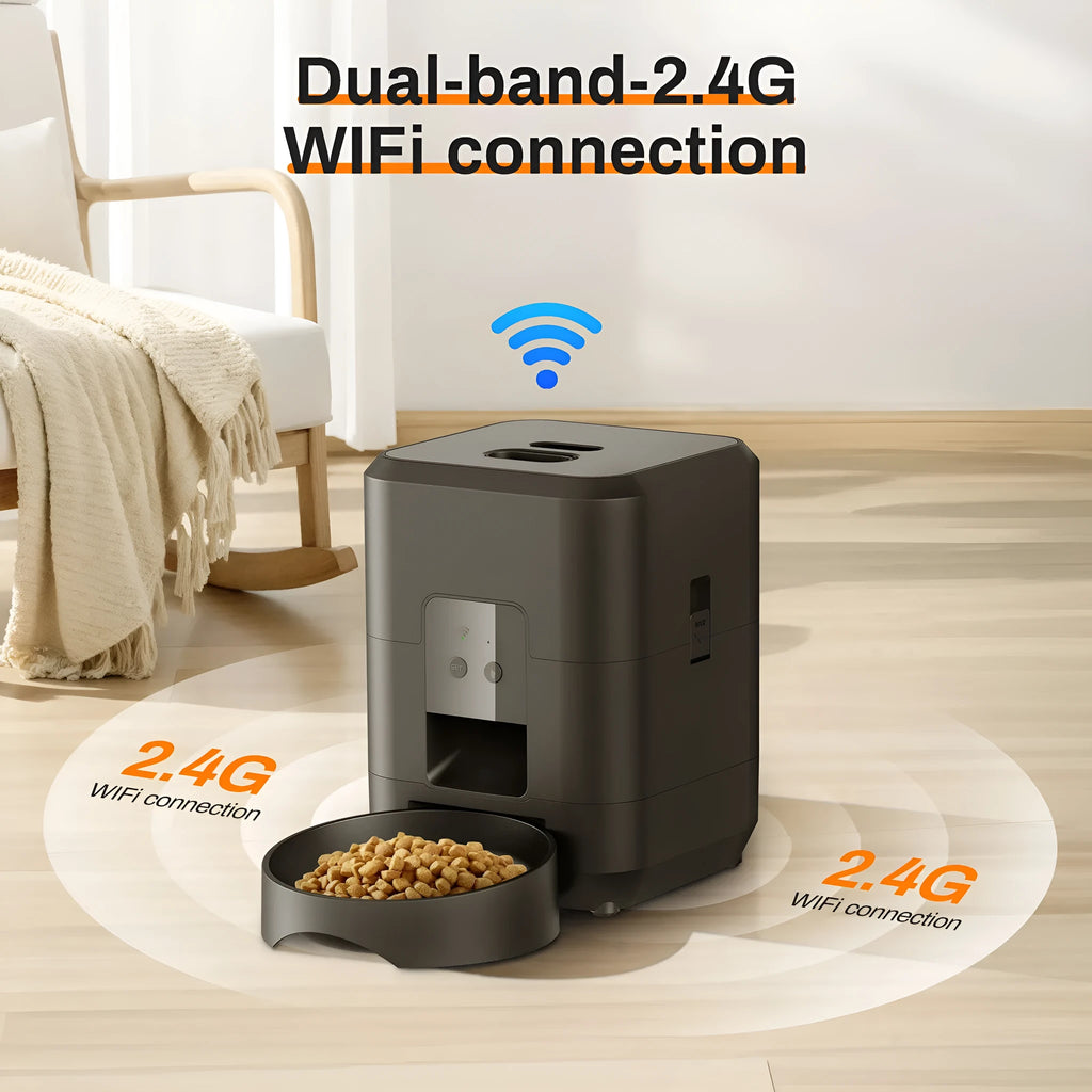 Automatic pet feeder with WiFi connectivity and video monitoring for cats with UK power adapter