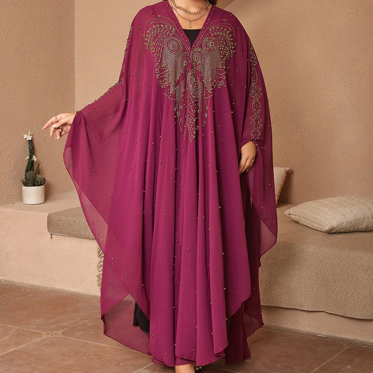 Muslim style chiffon cape shawl with rhinestone beaded trim in purple colour