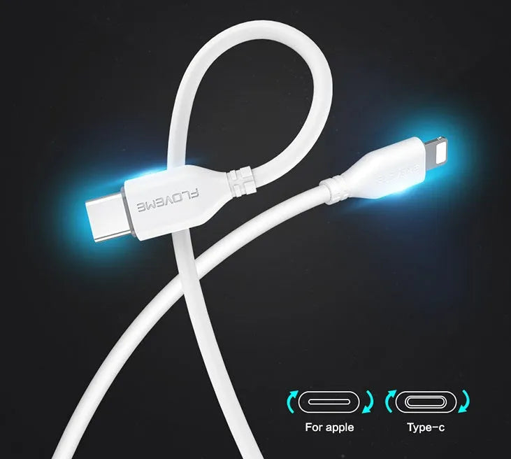 White braided USB-C to Lightning charging cable for iPhone shown at 1 metre length.
