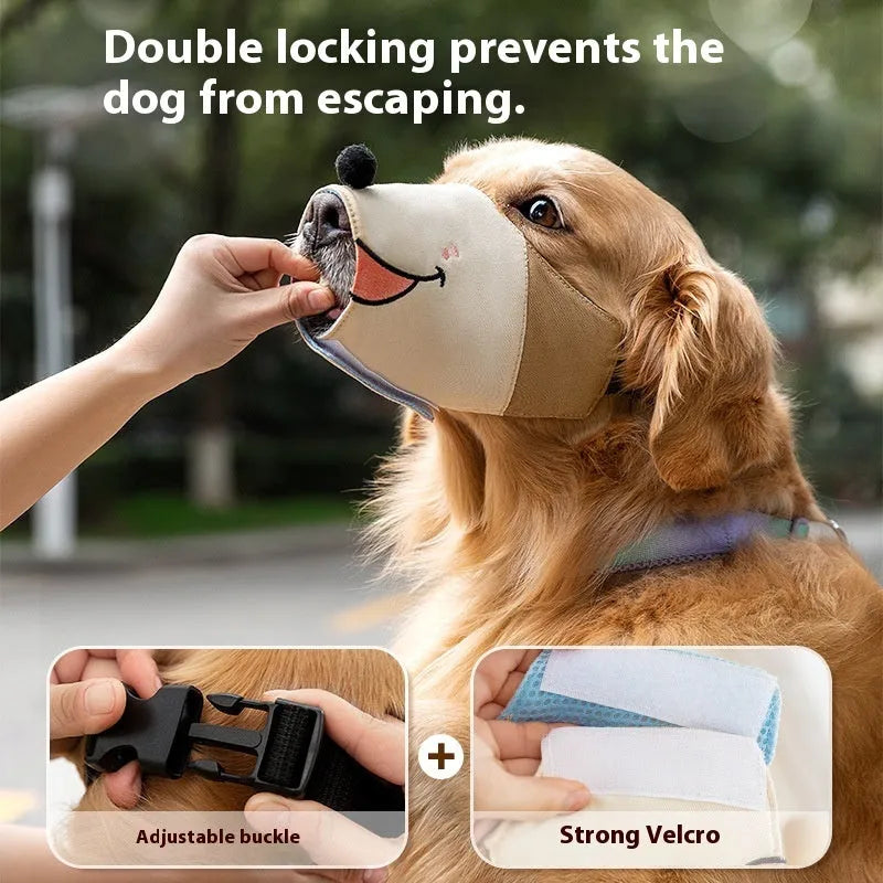Canvas dog muzzle mouth cover in Ollie Brown Bear colour on a size chart for dogs.