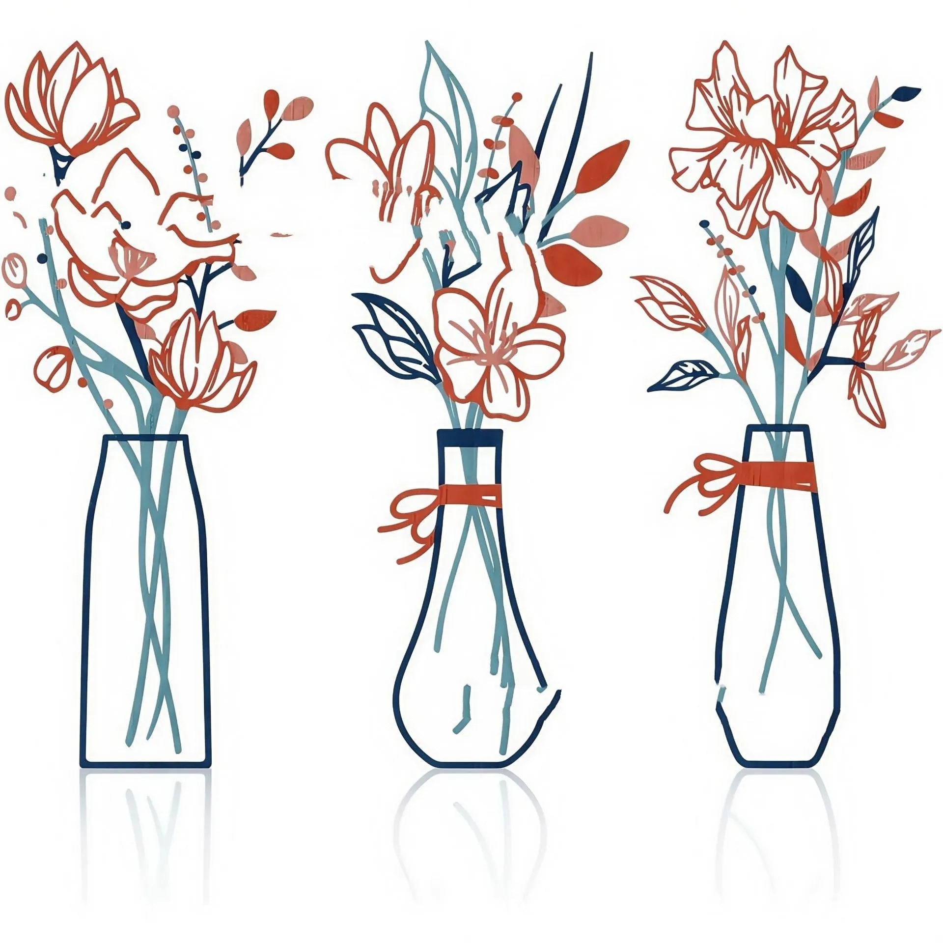 Three metal wall art pieces featuring floral vase designs in modern farmhouse style