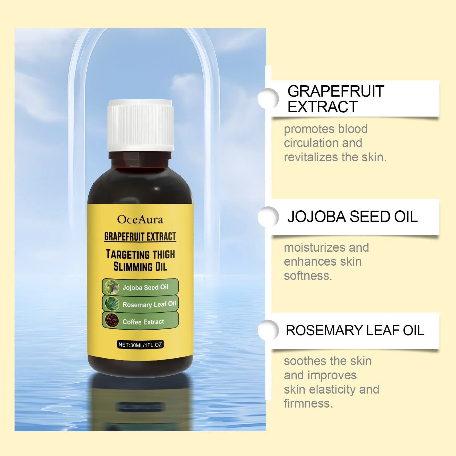 30ml bottle of grapefruit and jojoba skin treatment oil with rosemary for nourishing and lifting.
