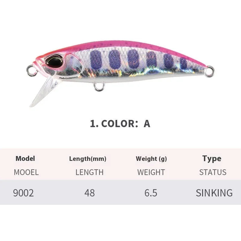 48mm hard plastic fishing lure for mandarin fish and snakehead, shown in one of 14 available colour patterns.