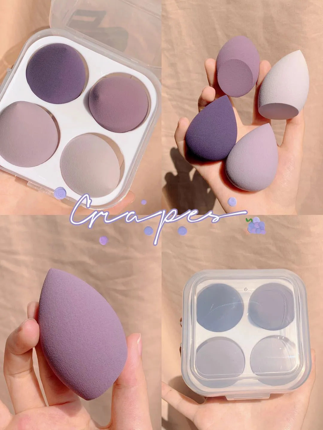 Four colourful makeup sponge eggs in Grape, Mango, Mint and Peach on white background