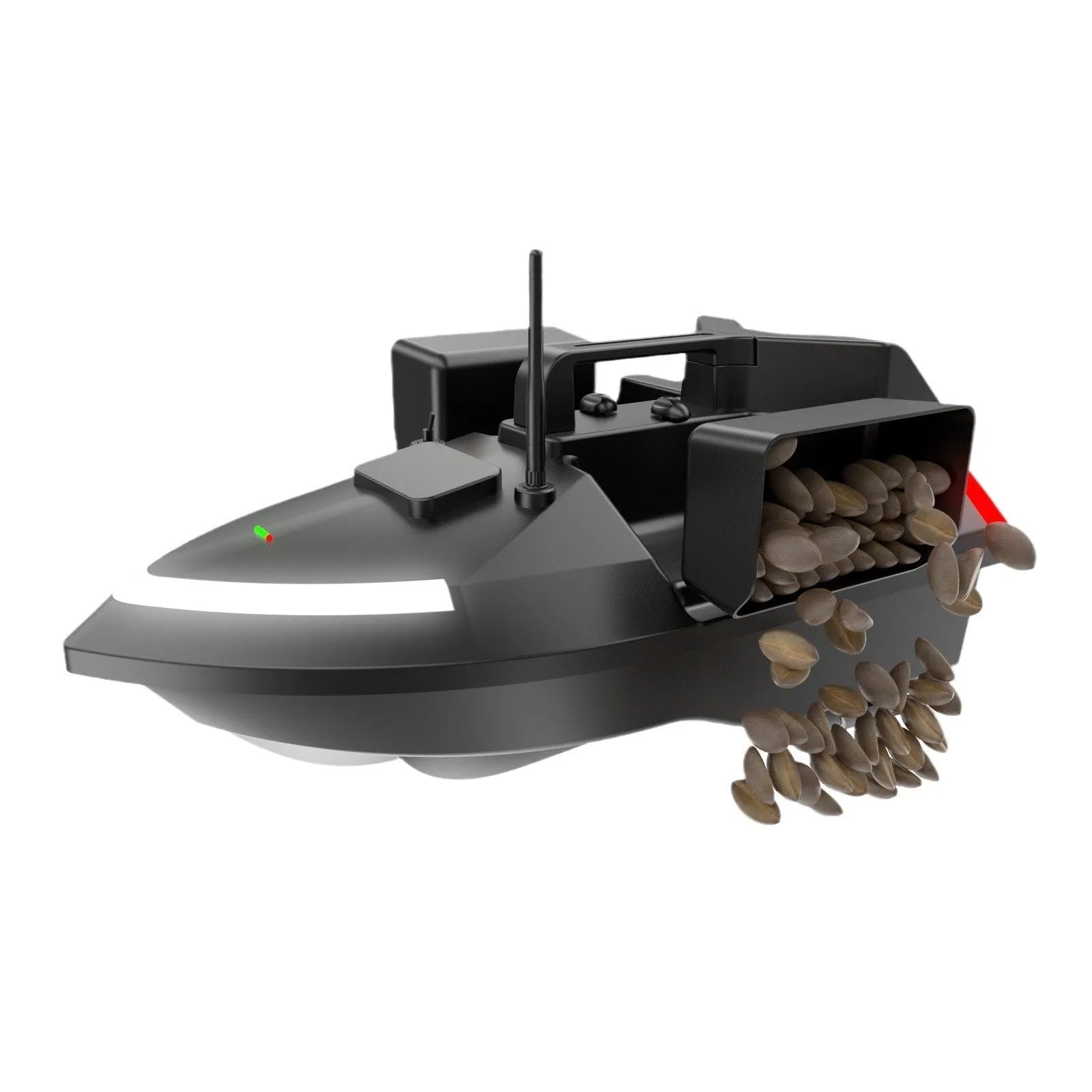Remote control fishing boat with GPS antenna on deck, shown on water with remote control.