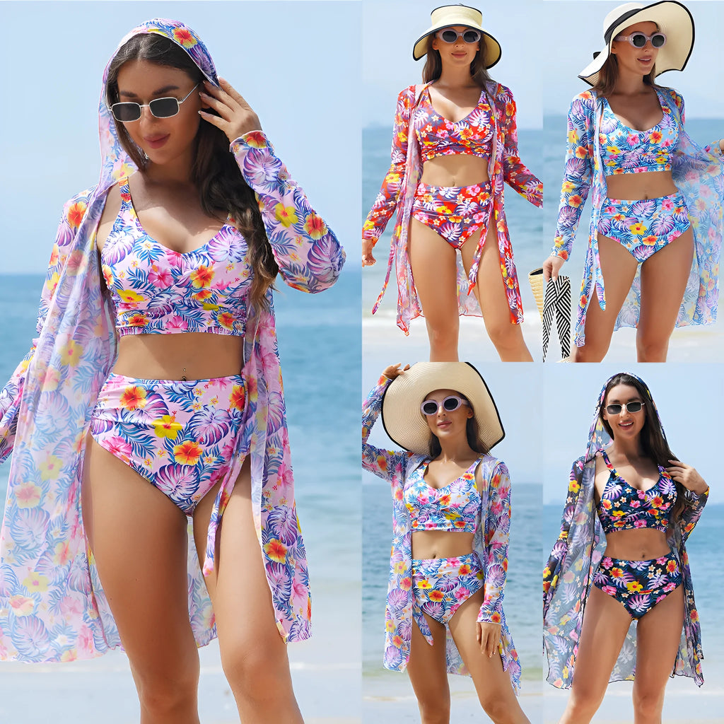 Multicolor printed bikini three piece swimsuit set with top, pants, and sheer coat in pattern 1