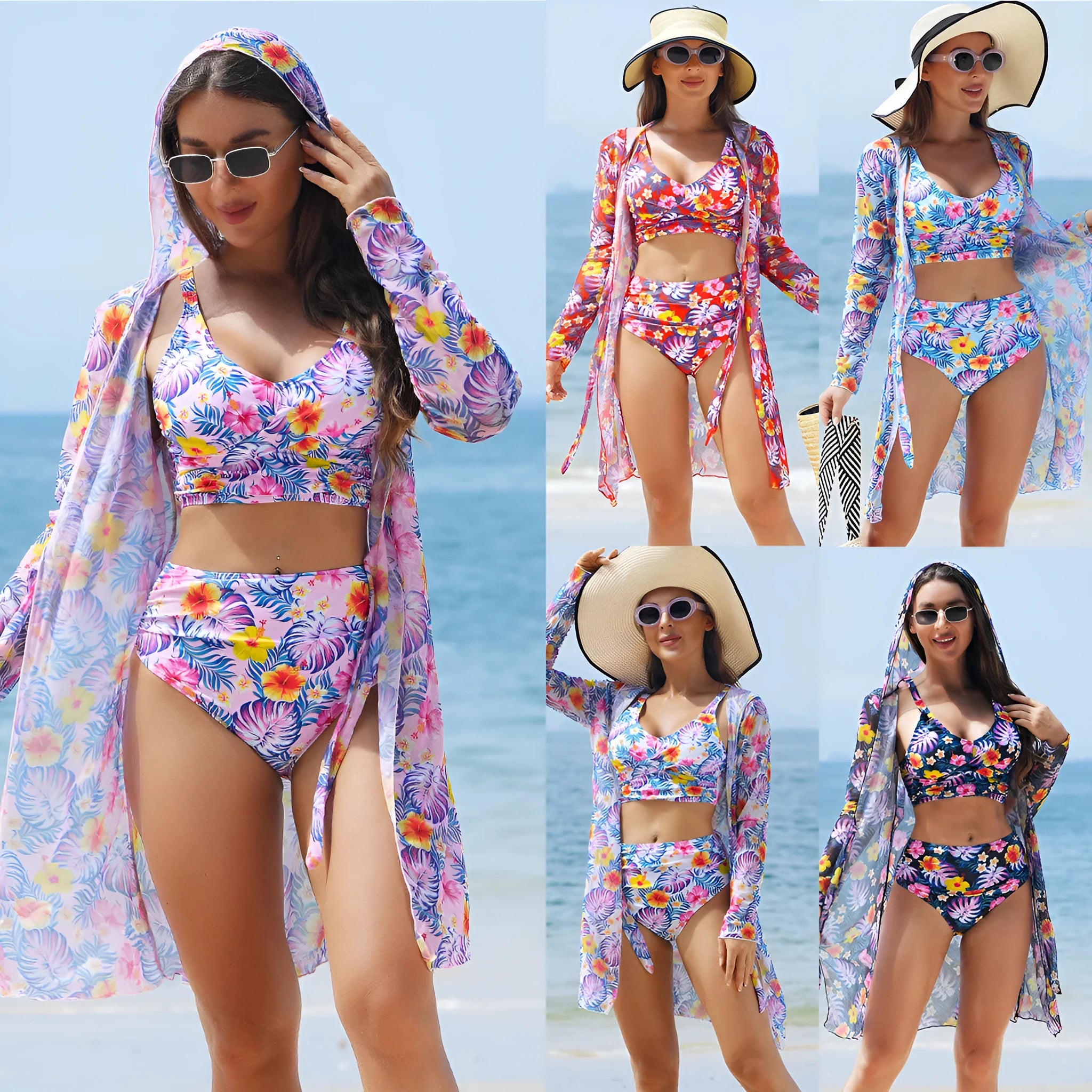 Multicolor printed bikini three piece swimsuit set with top, pants, and sheer coat in pattern 1