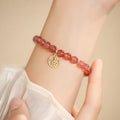 Strawberry quartz bracelet with blessing card in New Chinese style, manual processing, glass beads