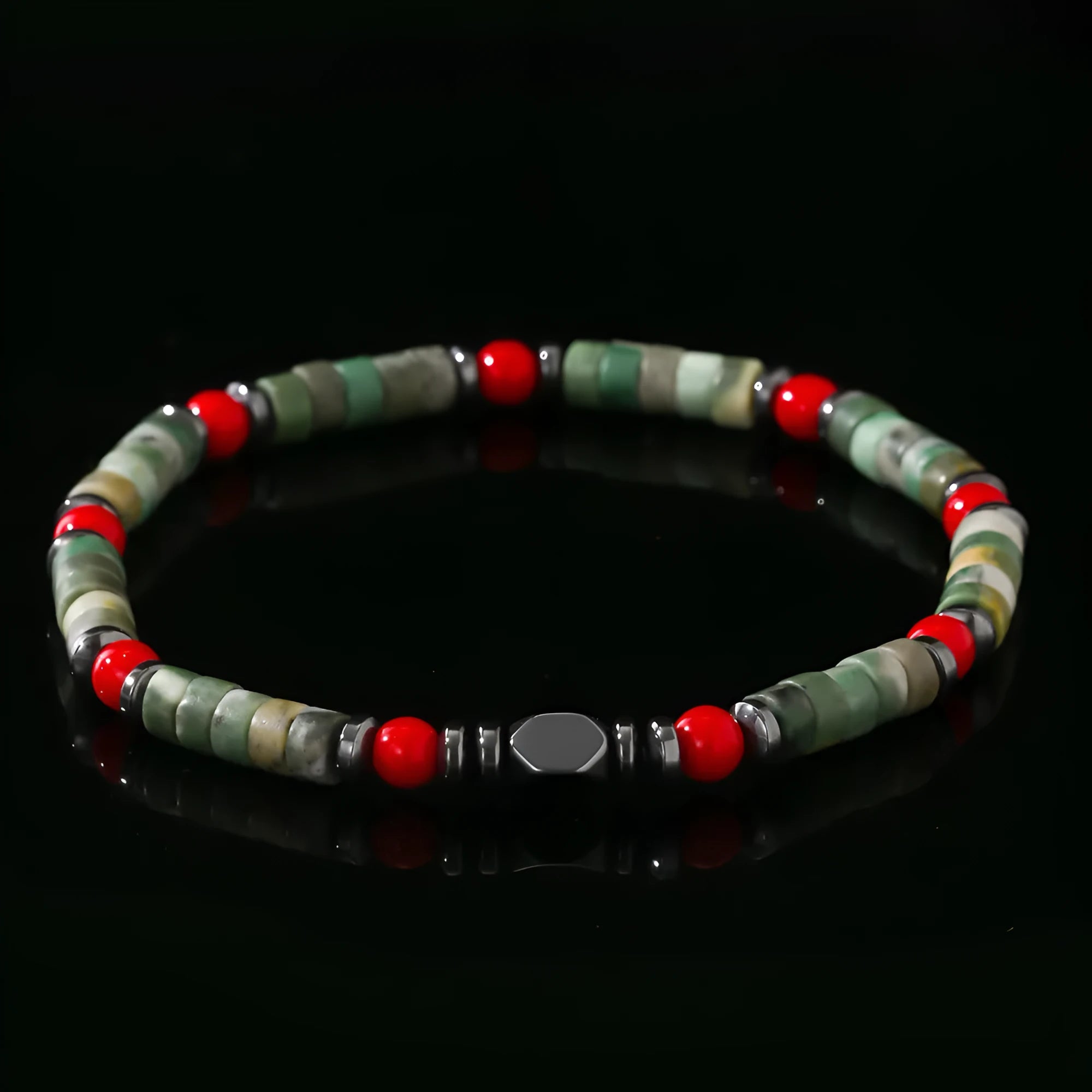 Men's bohemian bracelet with cylindrical semi-precious stone beads on a hand-woven cord.