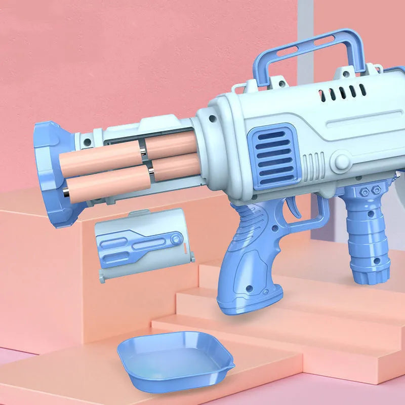 Cherry pink and sky blue electric bazooka bubble gun toy with 32 holes on a colour box.