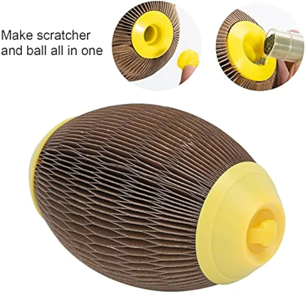 Green ellipse‑shaped corrugated paper catnip ball toy with scratch surface on a white background