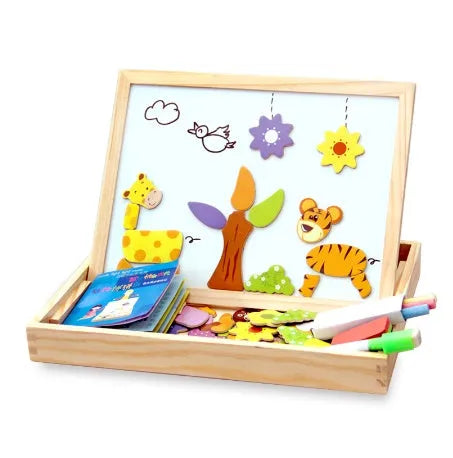 Wooden magnetic puzzle and drawing board toy for children with animal theme pieces.
