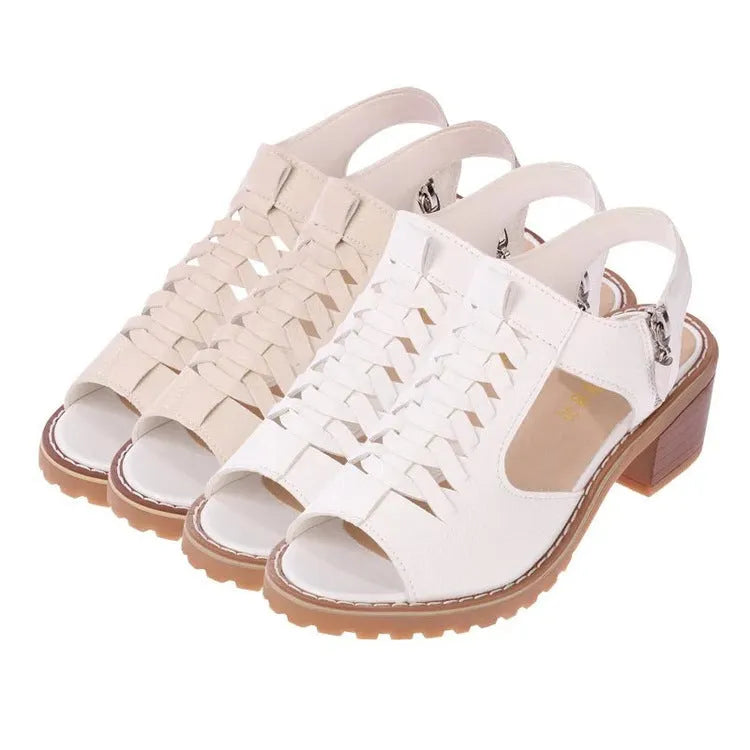 Women's retro sandals with side zipper and mid-heel in three colour options