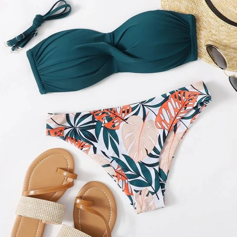 Two-piece bikini swimsuit with hard push up cups in briefs style, shown in available colours.