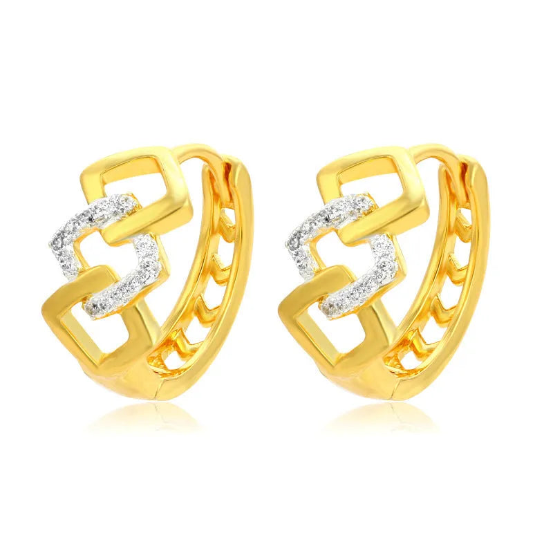 Gold geometric hollow out alloy earrings with ear clip fastening shown from front angle