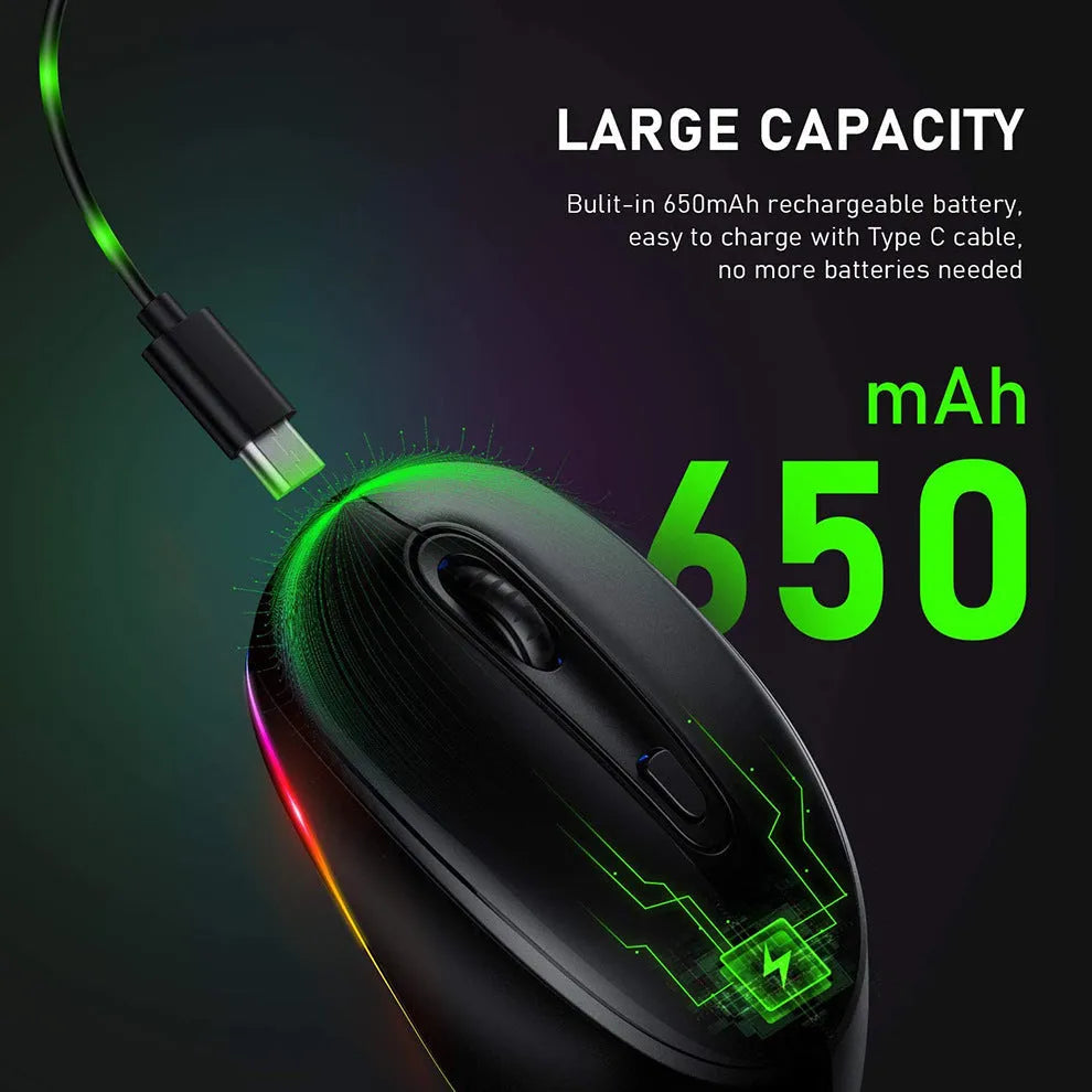 Rechargeable wireless mouse showing ergonomic shape, USB charging cable, and compact 108mm length design