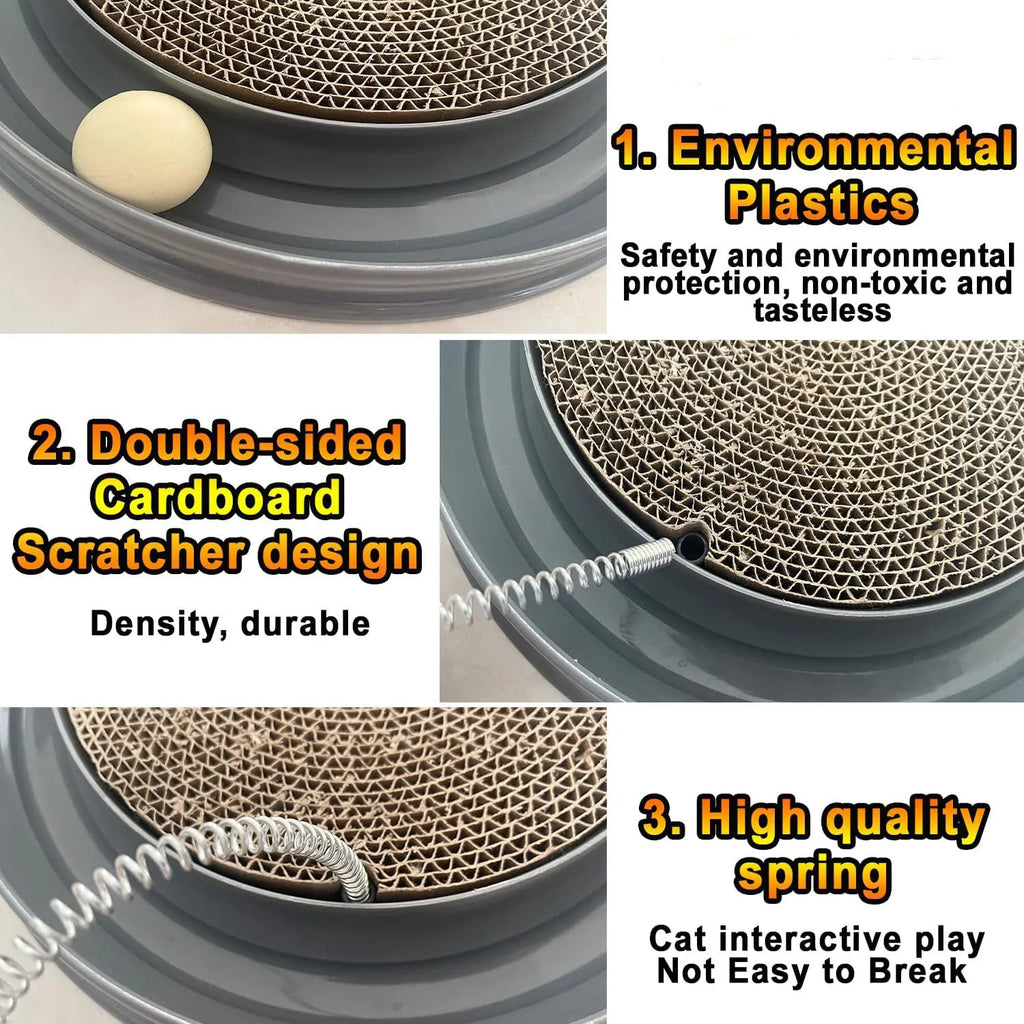Blue interactive cat scratcher with ball track and round corrugated cardboard scratch pad