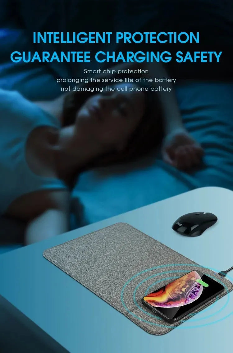 A foldable fabric phone holder with a phone attached, showing its adjustable angle and wireless charging capability.