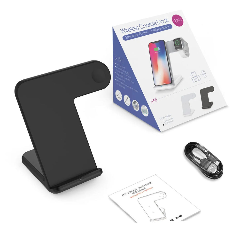 Black wireless phone charger stand with cooling fan showing phone charging upright