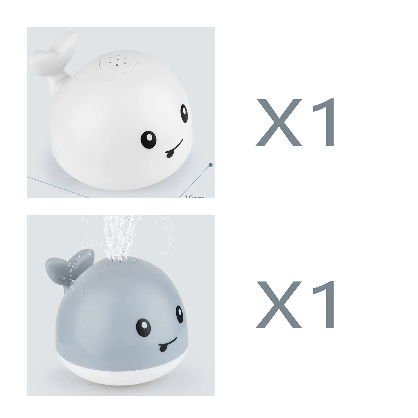 White and blue electric whale bath toy spraying water with flashing lights on a bathroom surface.
