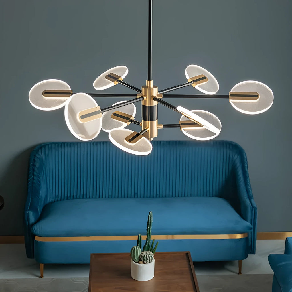 Nordic style iron LED chandelier with acrylic elements for dining room and living room illumination
