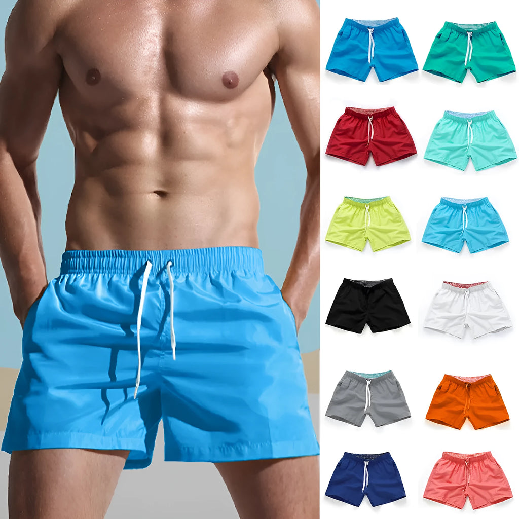 Men's straight leg polyester beach shorts in multiple colour options