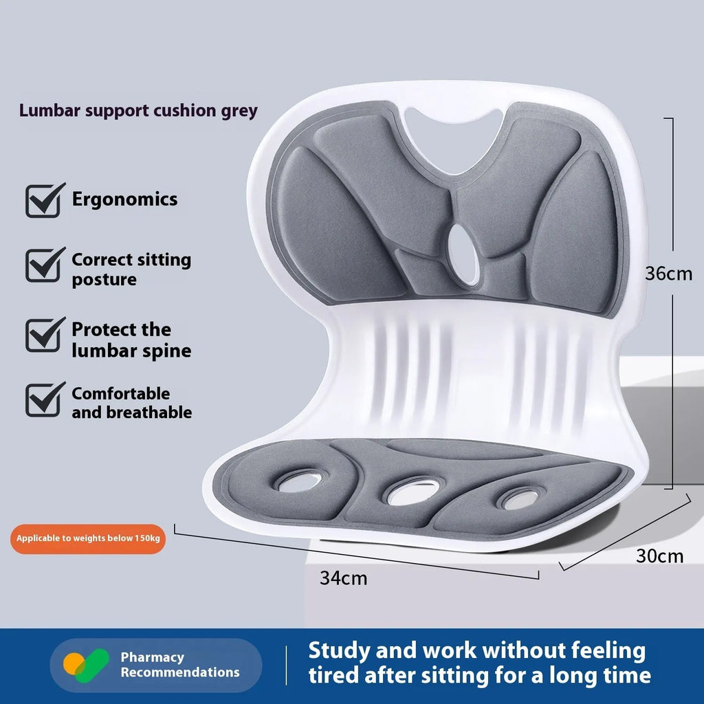 Grey lumbar support cushion with Japanese-style design for office or car seat.