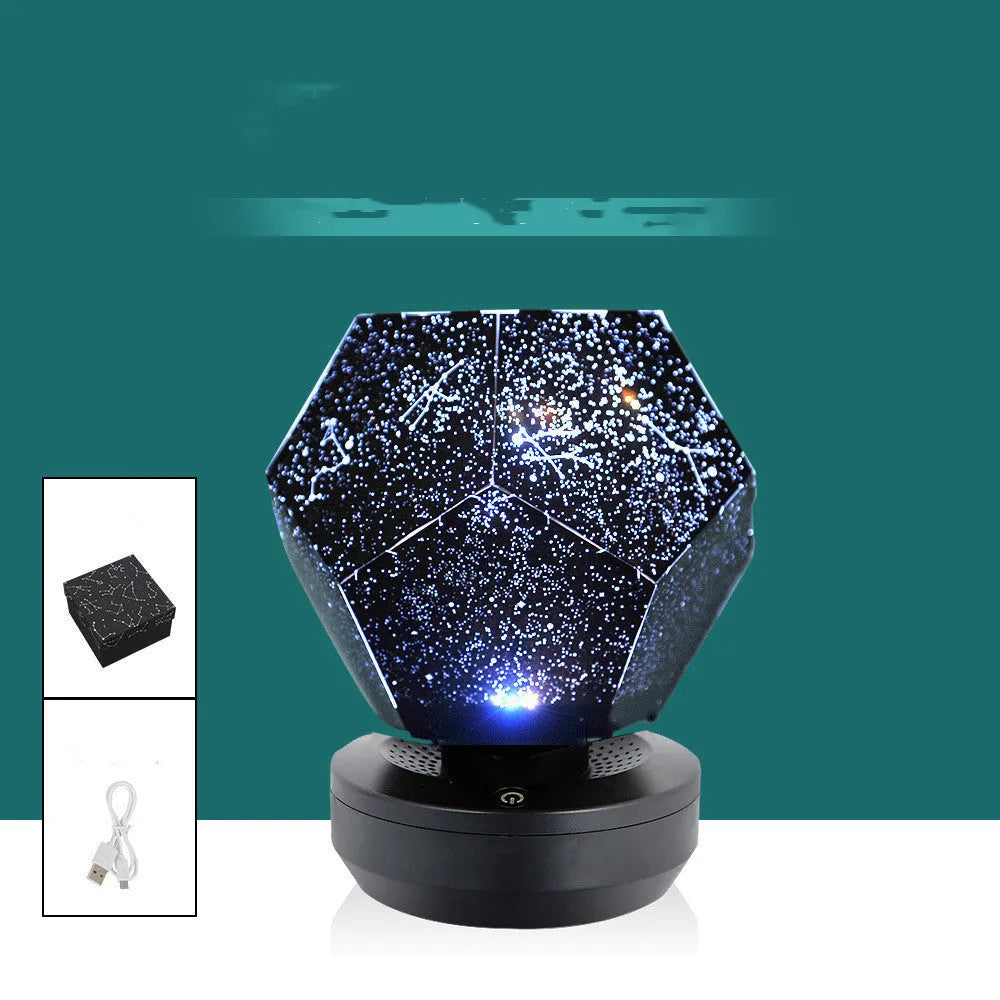 LED starry sky projector night light showing constellation projection on a bedroom ceiling.