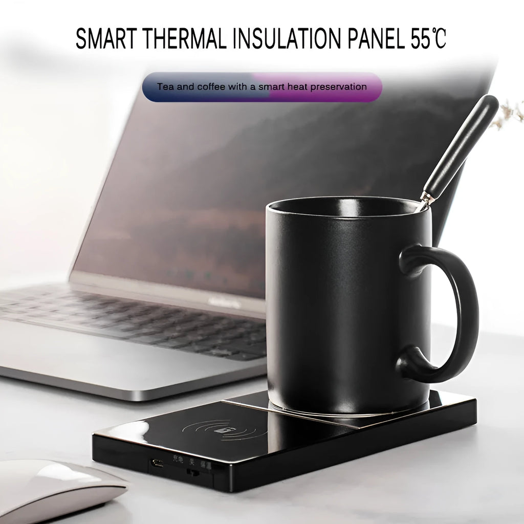 2-in-1 heating mug cup warmer with wireless charger on a desk with a glass mug