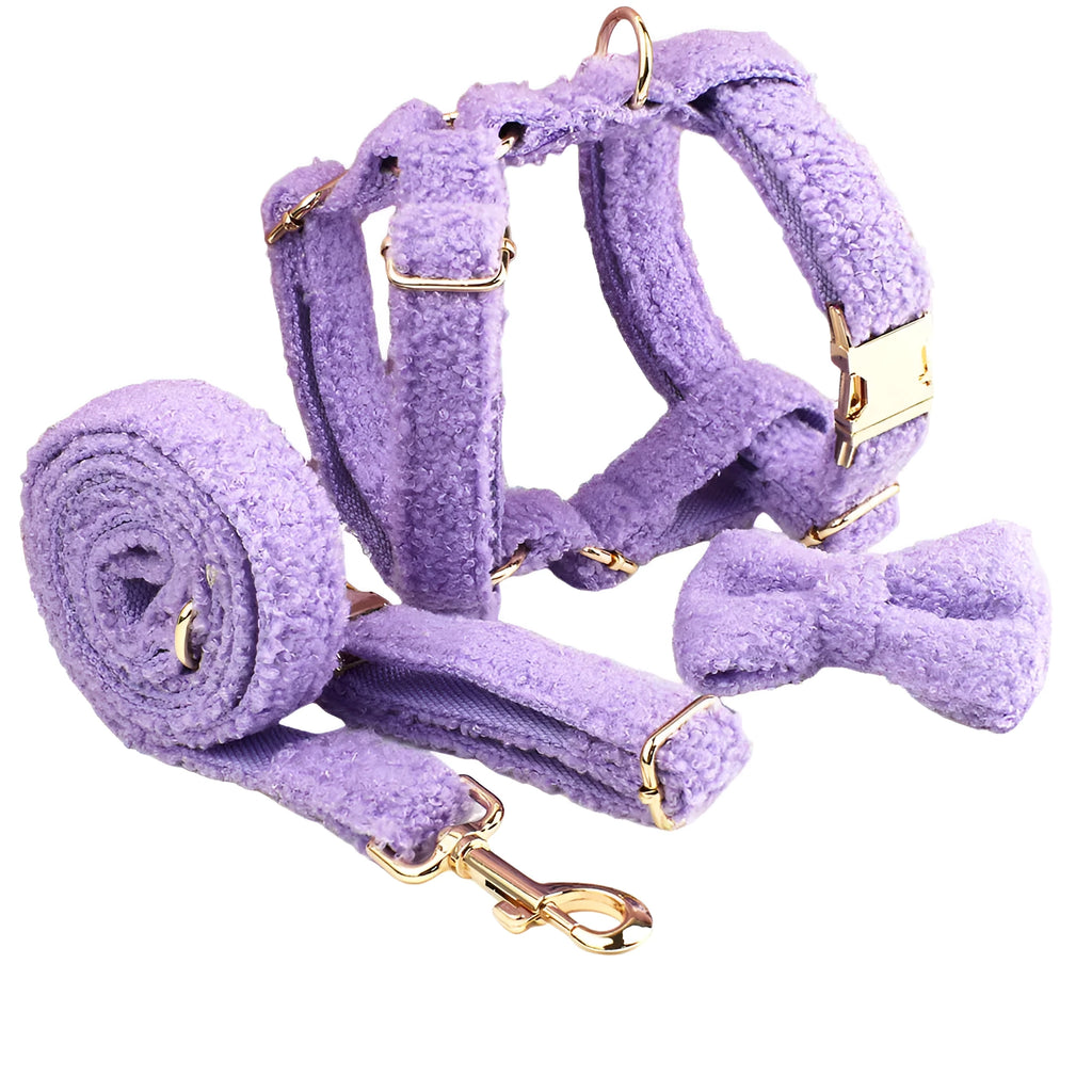 Purple cloth dog collar, leash, bow and vest set for small breed coordination